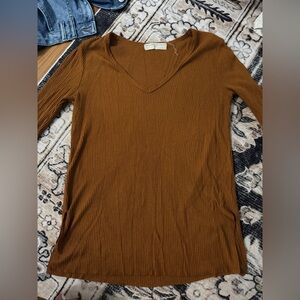 Urban Outfitters V-Neck Ribbed Long Sleeve Top - Brown